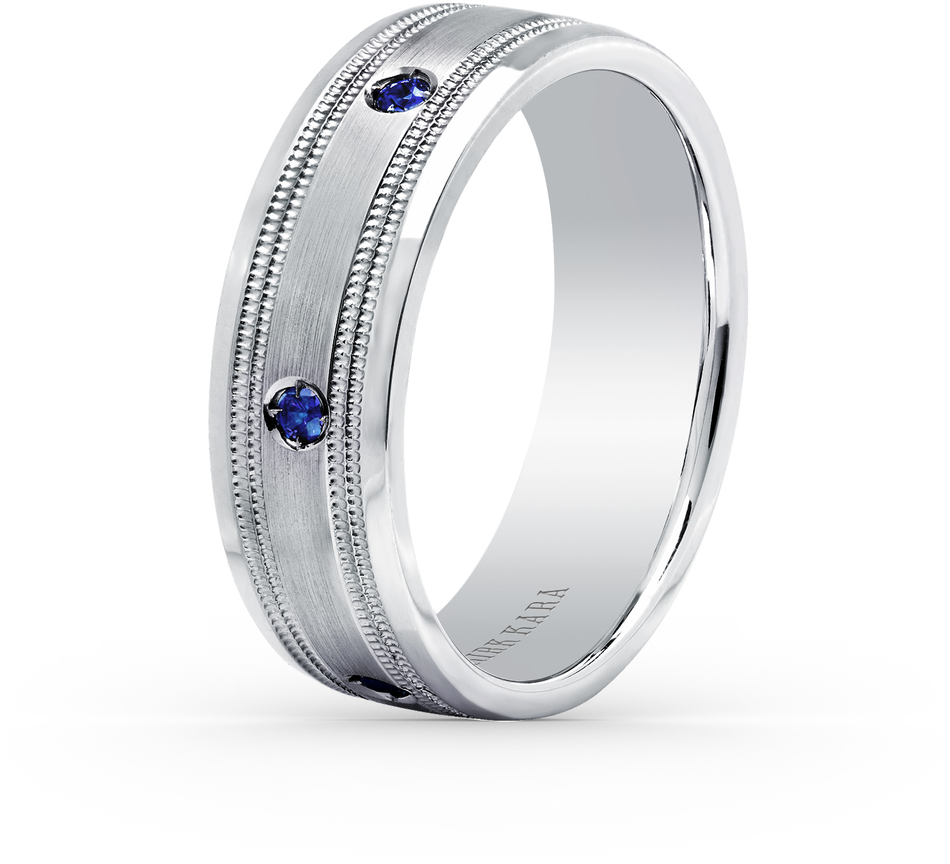 Man's wedding band in white gold with blue sapphires