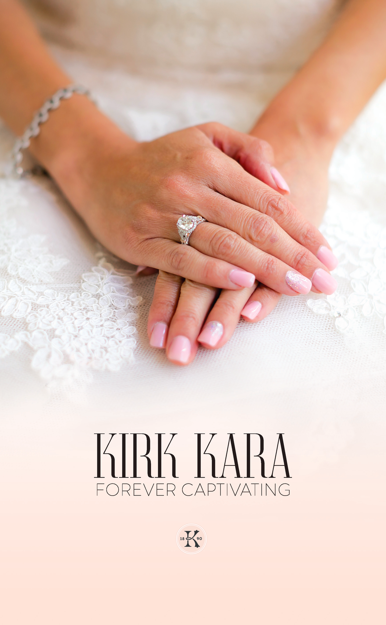 Kirk Kara poster with logo and Forever Captivating written at the bottom with a model resting her hands on her lap wearing Kirk Kara rings