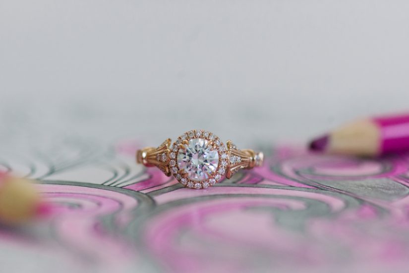 Kirk Kara diamond and gold ring with a pink drawing