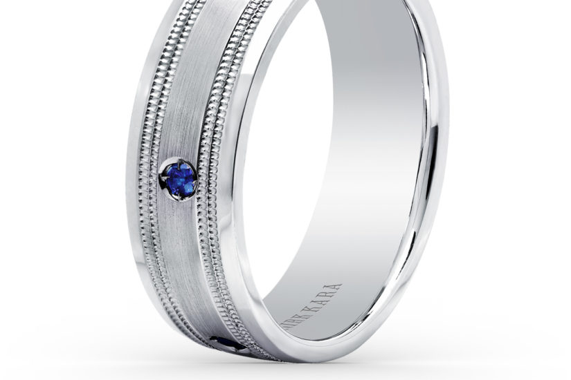 Man's wedding band in white gold with blue sapphires