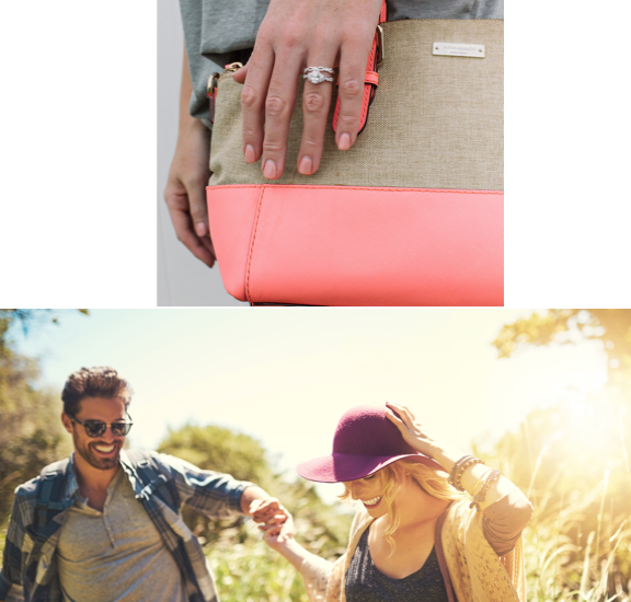 Two pictures, one with a model wearing Kirk Kara rings holding a purse, and a couple playing in a field