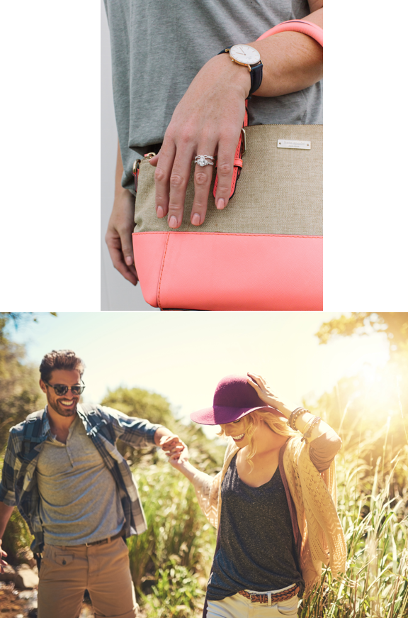 Two pictures, one with a model wearing Kirk Kara rings holding a purse, and a couple playing in a field