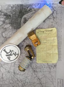 Kirk Kara rings, map and tools used in a Da Vinci Code scavenger hunt