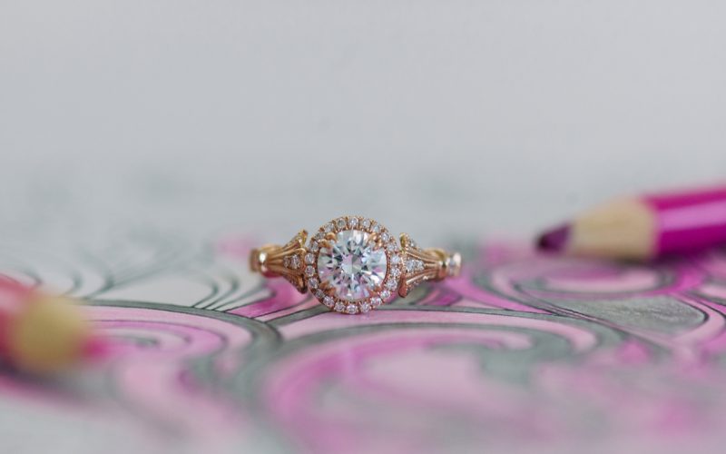 Kirk Kara diamond and gold ring with a pink drawing