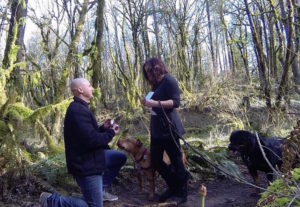 Surprise proposal during a hike in the woods with their two dogs