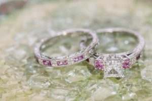 White gold, diamond and pink sapphire wedding set by Kirk Kara